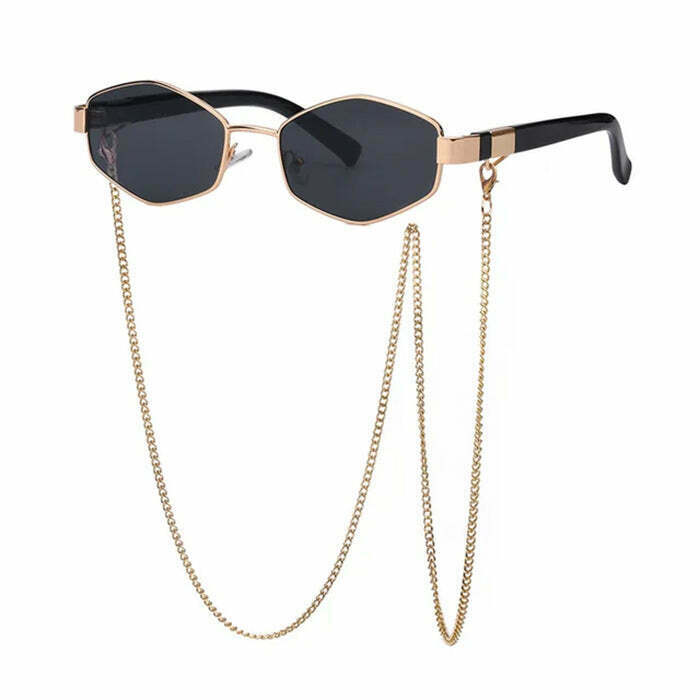 Hexagonal Sunglasses with Chain - Y2K & 90s Fashion, Retro Grunge, Pastel Goth, Hip