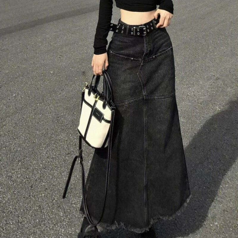 High Waist Denim Long Skirt - Y2K & 90s Fashion, Grunge, Retro, Summer & Party Out