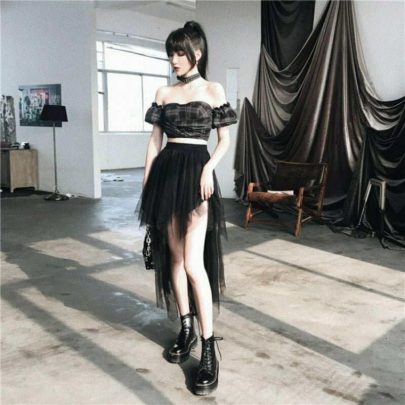 High Waist Goth Mesh Skirt - Y2K Grunge, 90s Fashion, Retro Summer Outfit