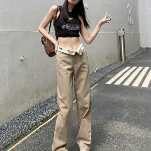 High Waist Loose Pants with Pockets - Y2K & 90s Fashion, Grunge, Retro, Summer Outfits