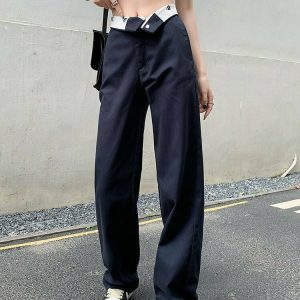 High Waist Loose Pants with Pockets - Y2K & 90s Fashion, Grunge, Retro, Summer Outfits