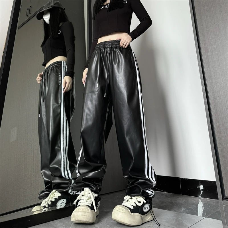 High Waist PU Leather Striped Pants - Y2K & 90s Fashion, Grunge, Retro, Summer & Party