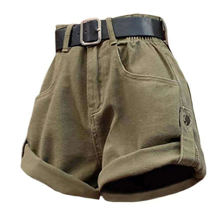 High-Waisted Khaki Shorts - Y2K Summer Grunge, 90s Retro, Pastel Goth, Y