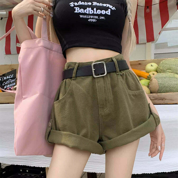 High-Waisted Khaki Shorts - Y2K Summer Grunge, 90s Retro, Pastel Goth, Y