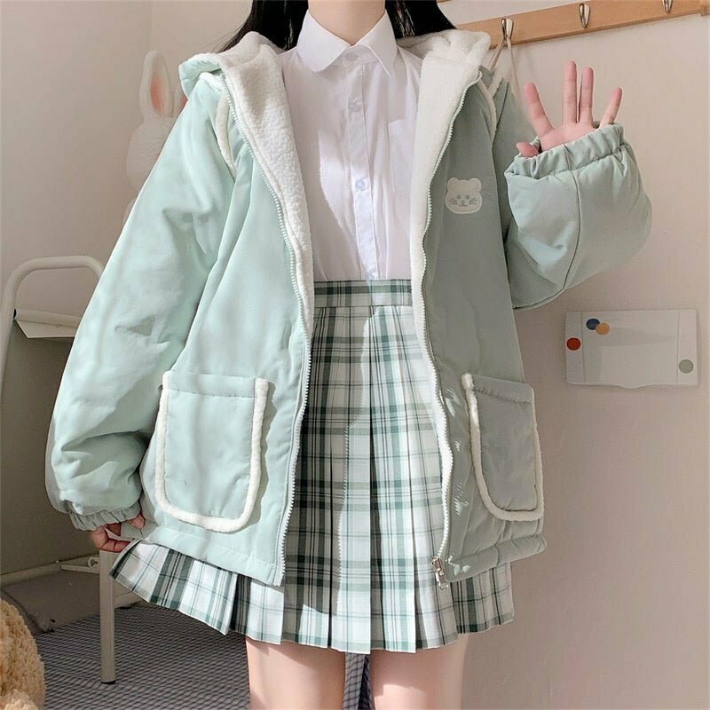 Kawaii Bear Ear Lambswool Coat - Y2K & 90s Fashion, Grunge, Retro, Pastel