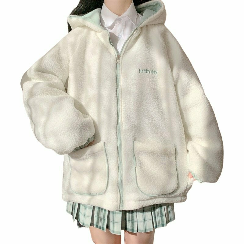 Kawaii Bear Ear Lambswool Coat - Y2K & 90s Fashion, Grunge, Retro, Pastel