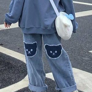 Kawaii Bear High Waist Jeans - Y2K & 90s Fashion, Grunge, Retro, Pastel Goth,