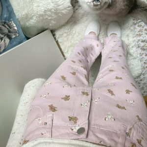 Kawaii Bear Pink Baggy Jeans - Y2K & 90s Fashion, Grunge, Retro, Summer & Party