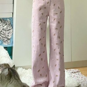 Kawaii Bear Pink Baggy Jeans - Y2K & 90s Fashion, Grunge, Retro, Summer & Party