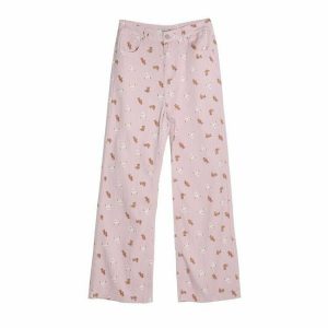 Kawaii Bear Pink Baggy Jeans - Y2K & 90s Fashion, Grunge, Retro, Summer & Party