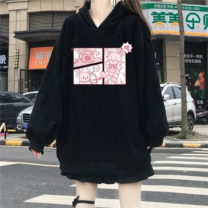 Kawaii Bunny Bear Print Hoodie - Y2K & 90s Fashion, Grunge, Retro, Pastel Goth,