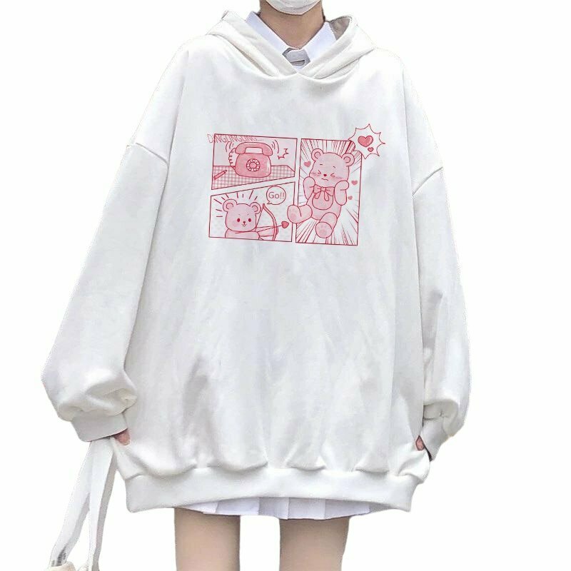 Kawaii Bunny Bear Print Hoodie - Y2K & 90s Fashion, Grunge, Retro, Pastel Goth,