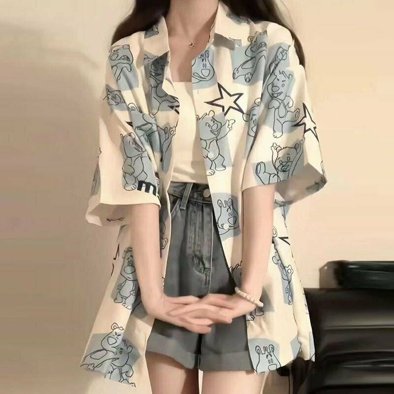 Kawaii Chiffon Bear Print Blouse - Y2K Summer Outfit, 90s Fashion, Grunge, Retro