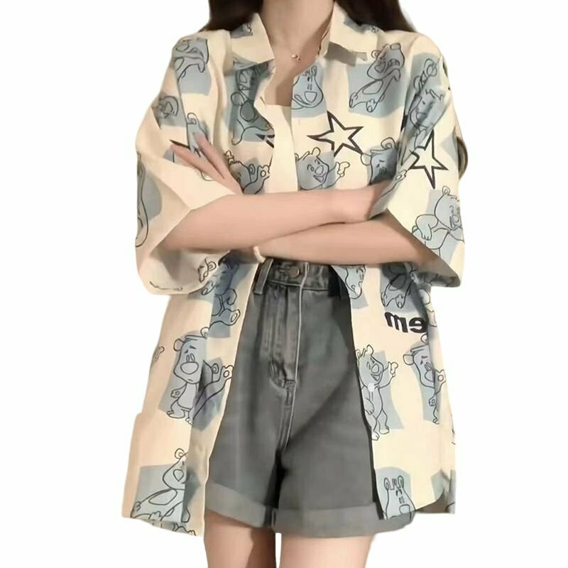 Kawaii Chiffon Bear Print Blouse - Y2K Summer Outfit, 90s Fashion, Grunge, Retro