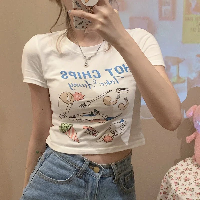 Kawaii Food Print Crop T-shirt - Y2K Summer Grunge, 90s Retro, Pastel Goth, Y