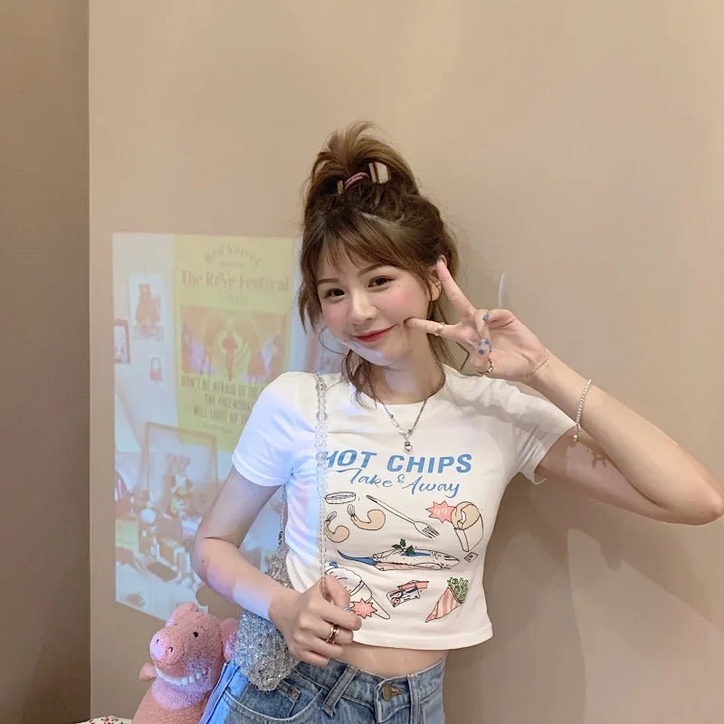 Kawaii Food Print Crop T-shirt - Y2K Summer Grunge, 90s Retro, Pastel Goth, Y