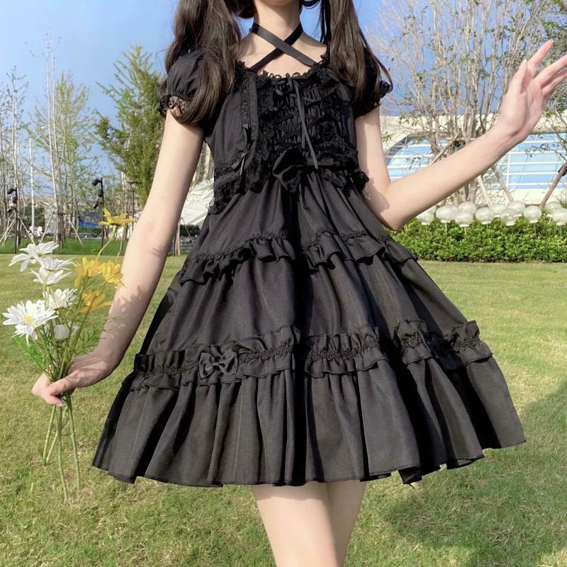 Kawaii Goth Lace Ruffle Dress - Y2K Summer Grunge Outfit, 90s Fashion, Retro Style