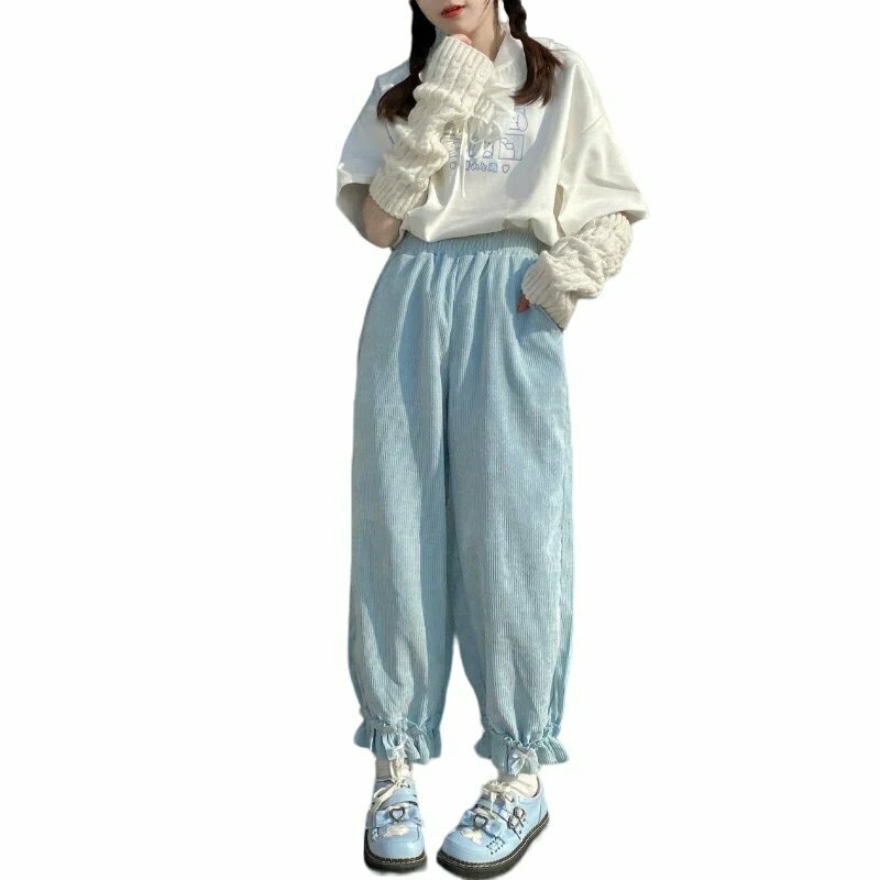 Kawaii High Waist Corduroy Pants - Y2K Grunge, 90s Fashion, Retro Summer Outfits,