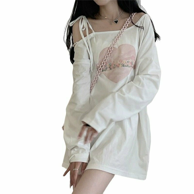 Kawaii Off Shoulder Long T-Shirt - Y2K & 90s Fashion, Grunge, Retro, Summer & Party