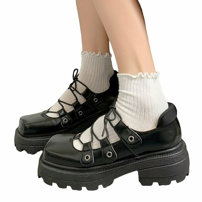 Kawaii Platform Cross Lace-up Shoes - Y2K & 90s Fashion, Grunge, Retro, Pastel Goth