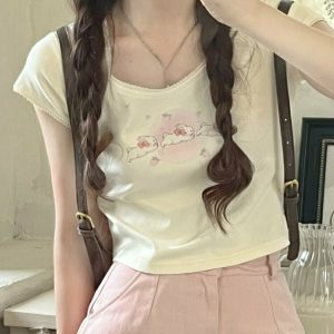 Kawaii Print Lace T-Shirts - Y2K Summer Outfits, 90s Fashion, Grunge, Retro, Past