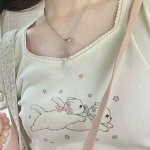 Kawaii Print Lace T-Shirts - Y2K Summer Outfits, 90s Fashion, Grunge, Retro, Past