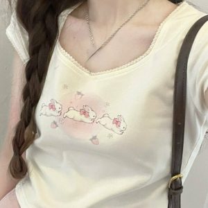 Kawaii Print Lace T-Shirts - Y2K Summer Outfits, 90s Fashion, Grunge, Retro, Past