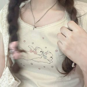 Kawaii Print Lace T-Shirts - Y2K Summer Outfits, 90s Fashion, Grunge, Retro, Past