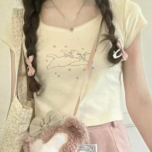 Kawaii Print Lace T-Shirts - Y2K Summer Outfits, 90s Fashion, Grunge, Retro, Past