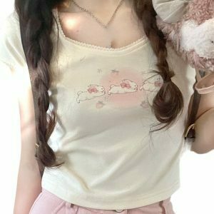 Kawaii Print Lace T-Shirts - Y2K Summer Outfits, 90s Fashion, Grunge, Retro, Past