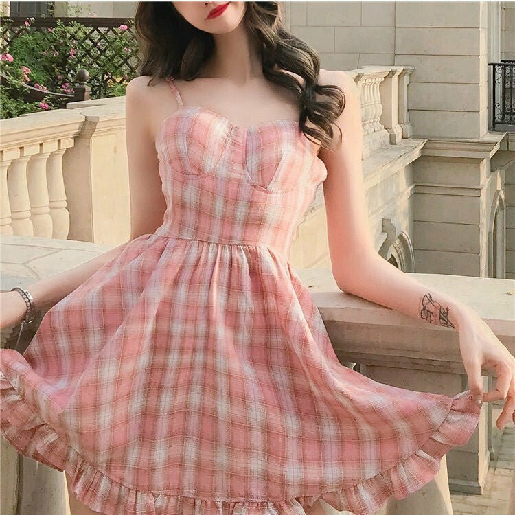 Kawaii Sleeveless Sweet Plaid Dress - Y2K Summer Outfit, 90s Fashion, Grunge, Retro Style