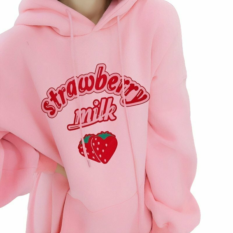 Kawaii Strawberry Milk Hoodie - Y2K & 90s Fashion, Grunge, Retro, Pastel Goth, Summer