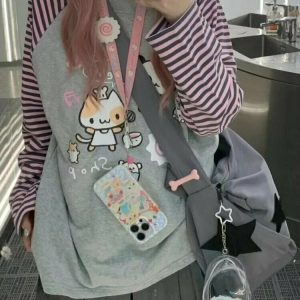 Kawaii Striped Cartoon Hoodie - Y2K & 90s Fashion, Grunge, Retro, Pastel Goth,