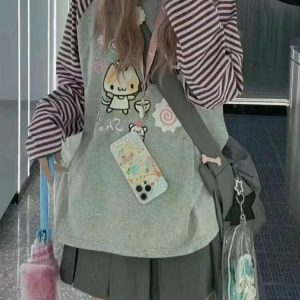 Kawaii Striped Cartoon Hoodie - Y2K & 90s Fashion, Grunge, Retro, Pastel Goth,