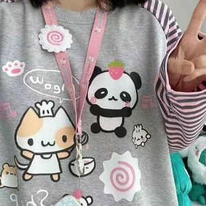 Kawaii Striped Cartoon Hoodie - Y2K & 90s Fashion, Grunge, Retro, Pastel Goth,