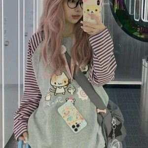 Kawaii Striped Cartoon Hoodie - Y2K & 90s Fashion, Grunge, Retro, Pastel Goth,