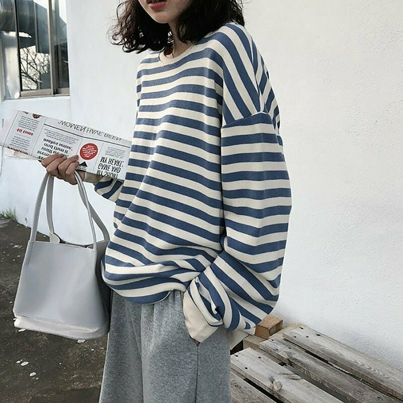 Kawaii Striped Cotton Sweatshirt - Y2K & 90s Fashion, Grunge, Retro, Pastel Goth