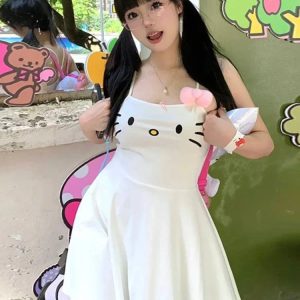 Kawaii White Cat Face Embroidery Dress - Y2K Summer Outfit, 90s Fashion, Grunge, Retro Style