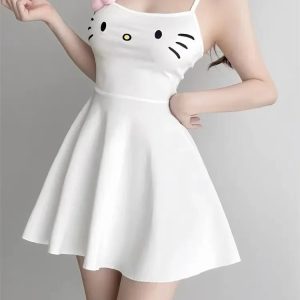 Kawaii White Cat Face Embroidery Dress - Y2K Summer Outfit, 90s Fashion, Grunge, Retro Style