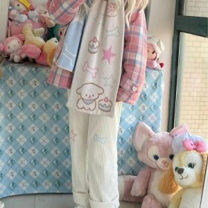 Kawaii White Corduroy Embroidery Trousers - Y2K Summer Grunge 90s Fashion Retro Outfit