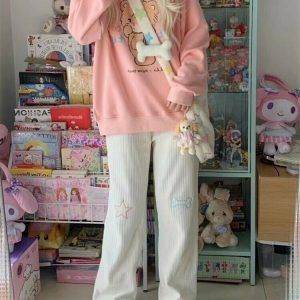 Kawaii White Corduroy Embroidery Trousers - Y2K Summer Grunge 90s Fashion Retro Outfit