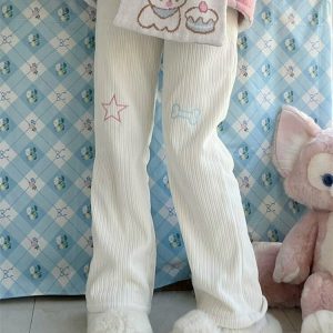 Kawaii White Corduroy Embroidery Trousers - Y2K Summer Grunge 90s Fashion Retro Outfit