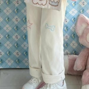 Kawaii White Corduroy Embroidery Trousers - Y2K Summer Grunge 90s Fashion Retro Outfit