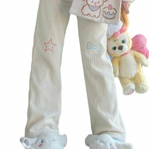 Kawaii White Corduroy Embroidery Trousers - Y2K Summer Grunge 90s Fashion Retro Outfit