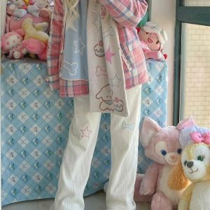 Kawaii White Corduroy Embroidery Trousers - Y2K Summer Grunge 90s Fashion Retro Outfit