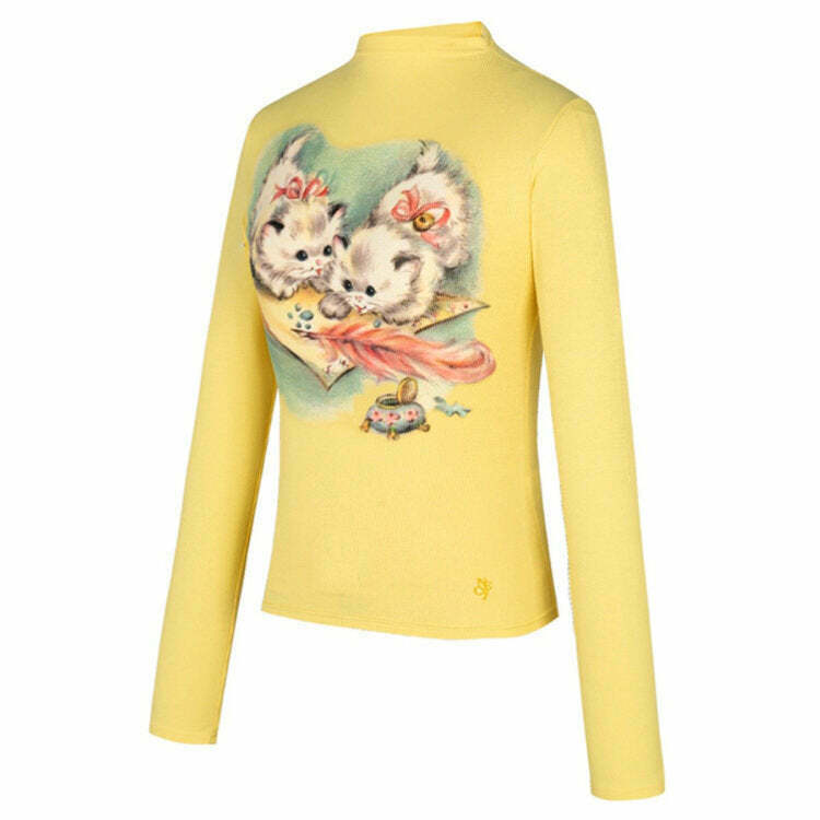 Kitty Y2K Long Sleeve Top - Retro 90s Grunge, Summer Y2K Outfits, Pastel