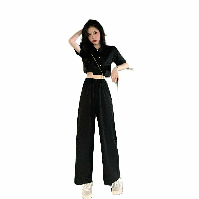 Korean Black 2 Piece Set Pants & Crop Top - Y2K Summer Grunge Outfit, 90s Fashion,