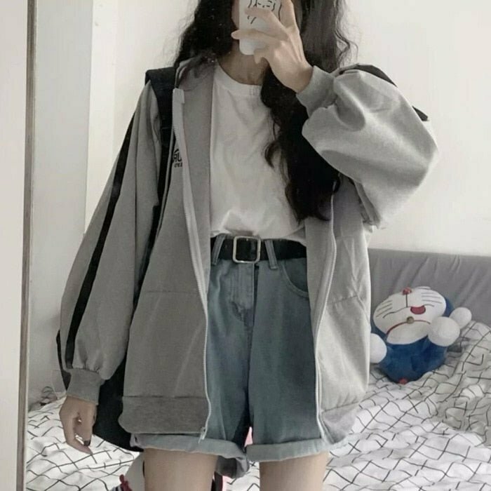 Korean Gray Zip Long Sleeve Sweatshirt - Y2K & 90s Fashion, Grunge, Retro, Summer Out