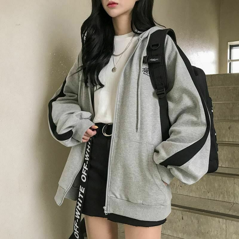 Korean Gray Zip Long Sleeve Sweatshirt - Y2K & 90s Fashion, Grunge, Retro, Summer Out