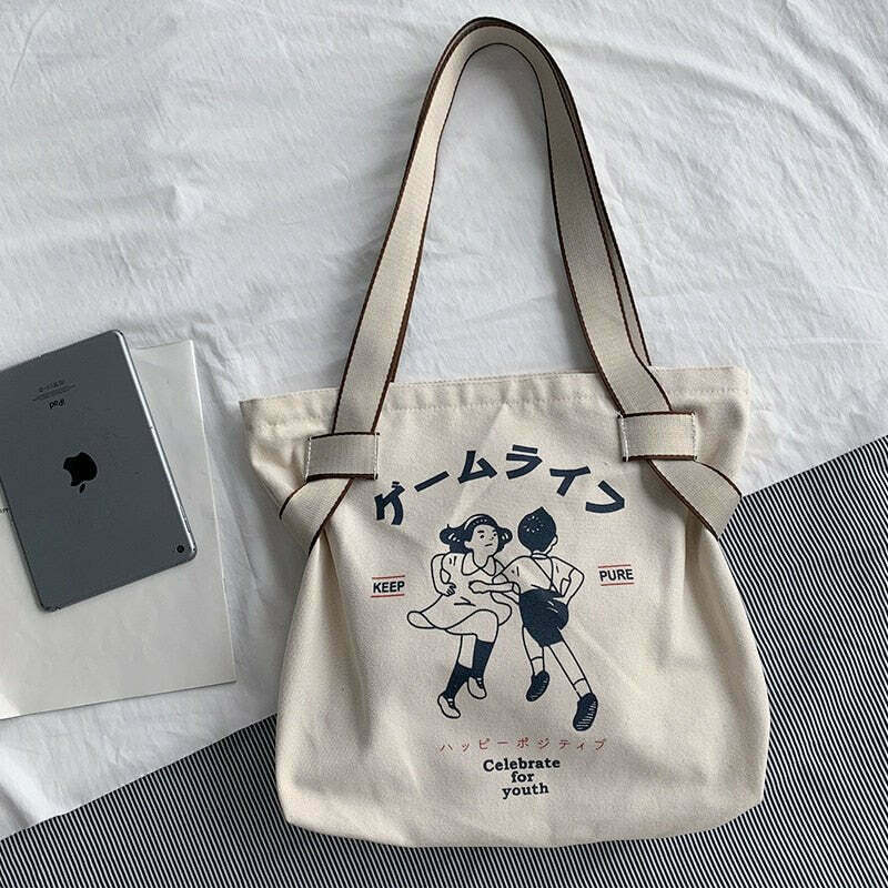 Korean Style Canvas Shopping Bag - Y2K & 90s Fashion, Grunge, Retro, Pastel Goth,